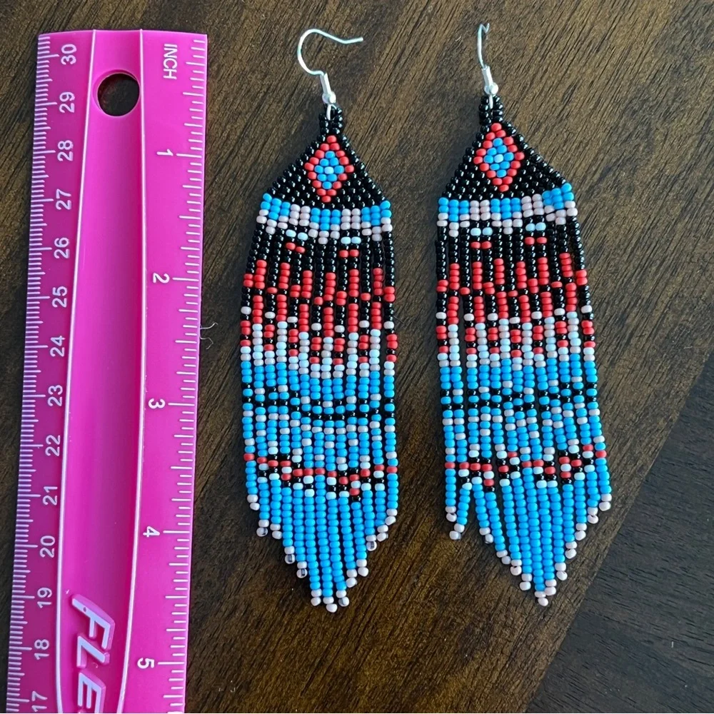 BOHO‎ Seed Bead Fringe Earrings Black Blue Red Native American Style Handmade
